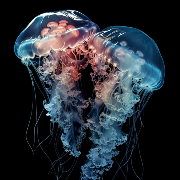 AI-generated 3D double exposure image of a jellyfish couple with vivid colors and intricate details.