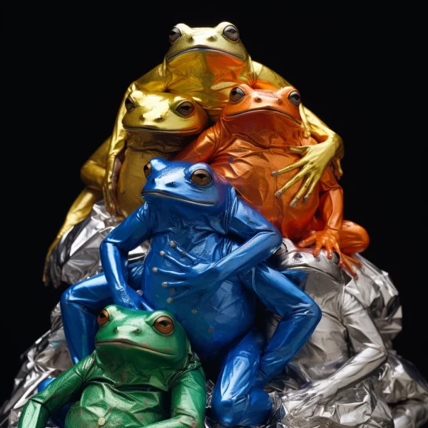 AI-generated image of colorful frogs wrapped in aluminum foil, featuring frogs in gold, orange, blue, green, and silver.