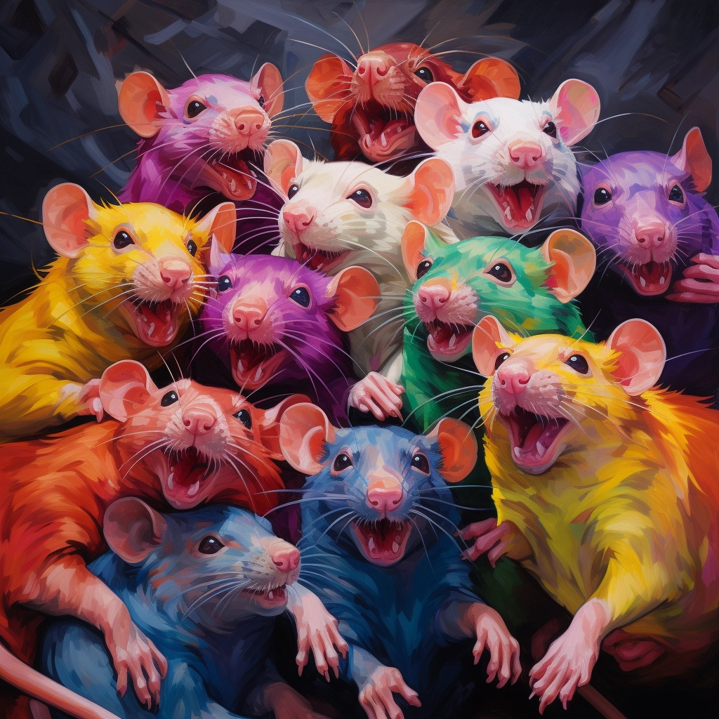 AI-generated image of a group of happy rats in vibrant rainbow colors.