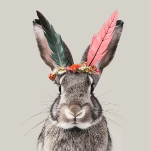 AI-generated image of a gray bunny with colorful feathers and flowers on its head.