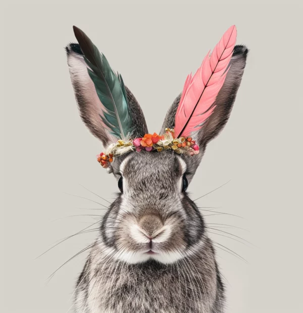 AI-generated image of a gray bunny with colorful feathers and flowers on its head.