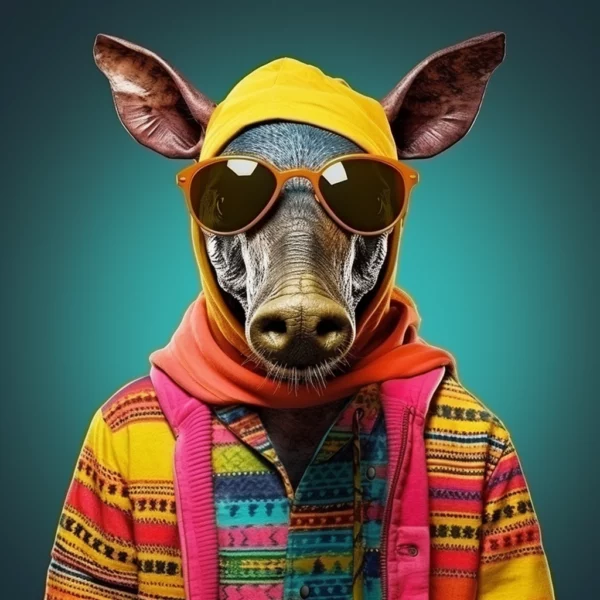 AI-generated image of an aardvark wearing a yellow hoodie, sunglasses, and a colorful, funky outfit