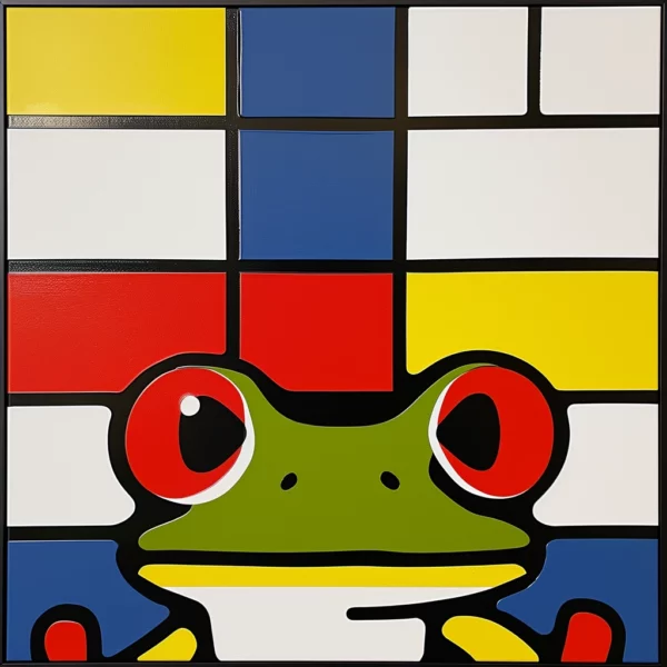 AI-generated abstract art inspired by Mondrian with solid lines and blocks of primary colors, featuring a playful frog.