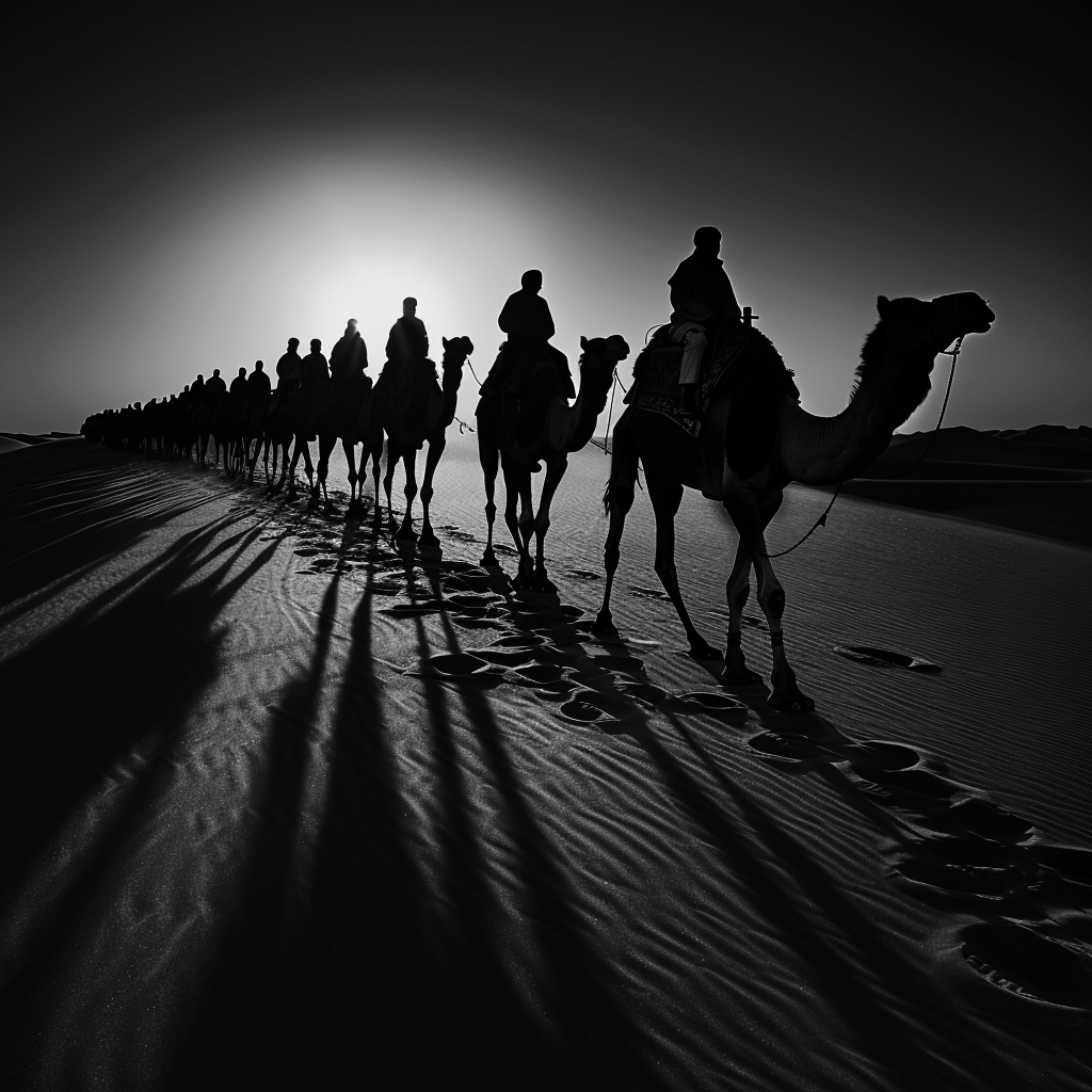 AI-generated black-and-white image of a camel caravan crossing the desert with long shadows at sunset.