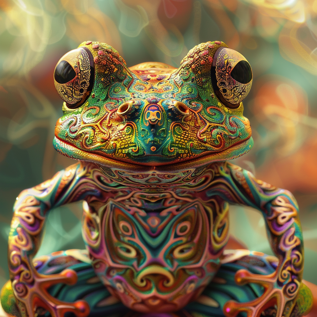 AI-generated image of a psychedelic rainbow frog with intricate fractal patterns and vibrant colors.