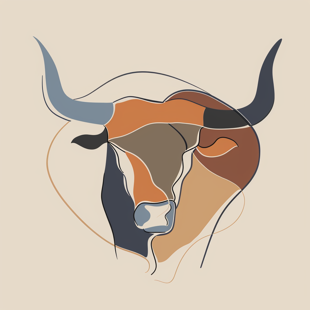 Minimalist line drawing of an abstract bull in earthy tones.