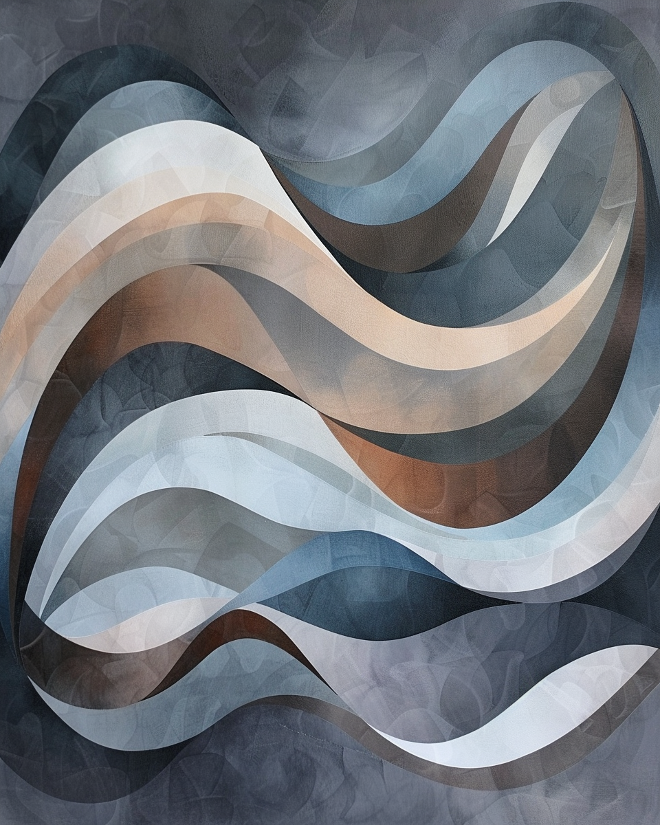 AI-generated image of abstract wavy lines in soft colors of blues and browns.