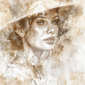 AI-generated watercolor painting of an elegant woman in a white dress and hat, rendered in soft neutral colors."