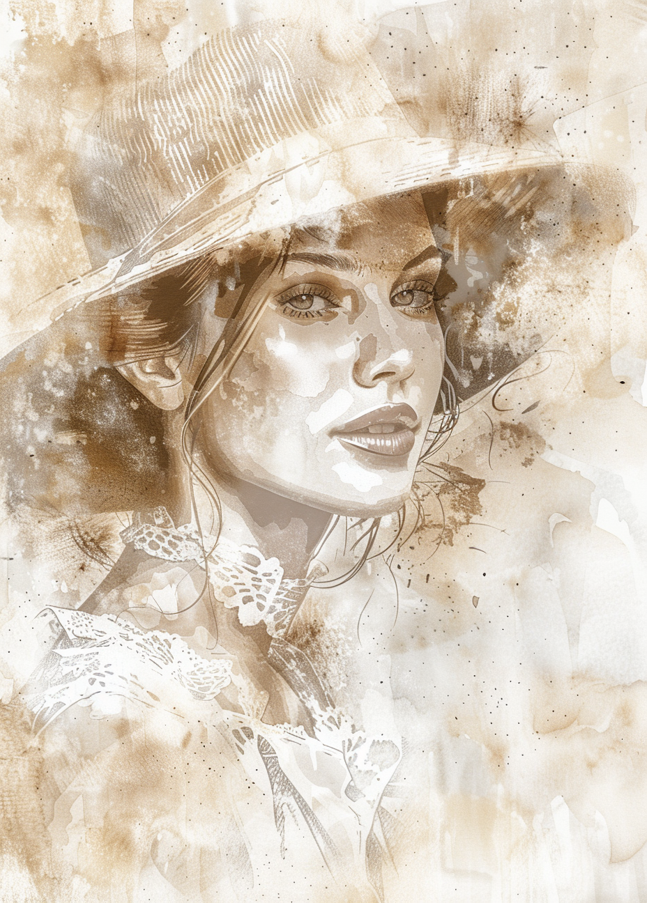 AI-generated watercolor painting of an elegant woman in a white dress and hat, rendered in soft neutral colors."