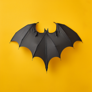 AI-generated image of a black bat-shaped umbrella against a vibrant yellow background.